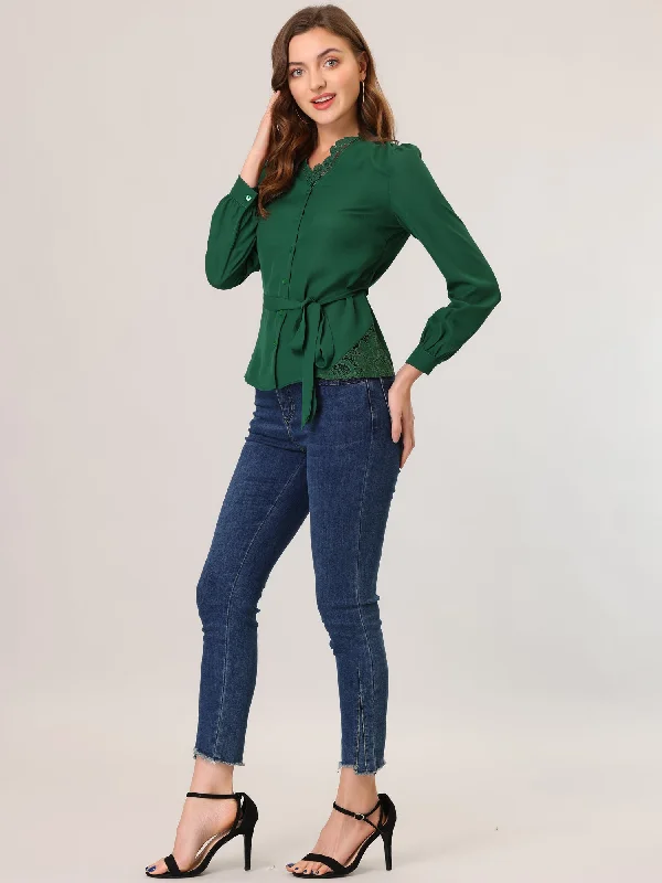 One Click Away from Big Savings!Belted Tie Waist Top Lace Trim V Neck Long Sleeve Blouse