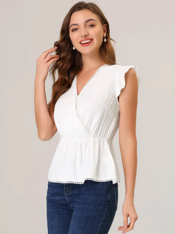 Save More with Every Purchase!Ruffle Flutter Sleeve Lace Trim V Neck Peplum Blouse Top