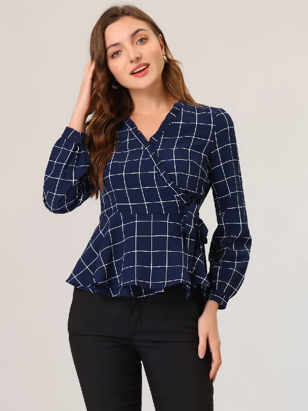 Best Offers of the Month!Tie Waist Plaid Check Long Sleeve Workwear Wrap Peplum Blouse