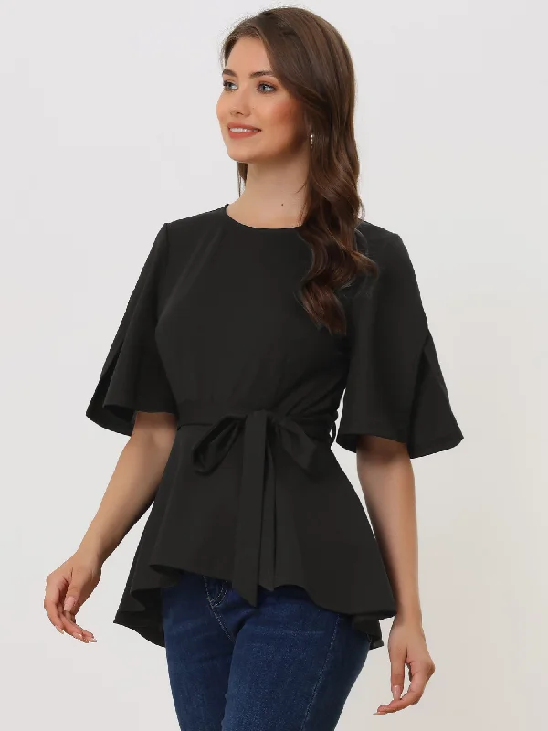 Buy More, Pay Less!Split Half Sleeve Crew Neck Belted Knot Drap Casual Peplum Blouse