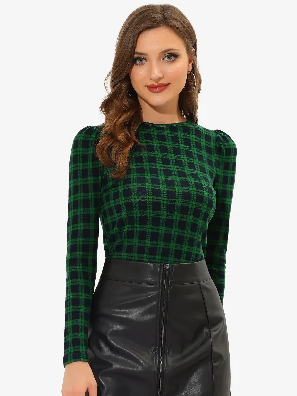 Today’s Deals, Tomorrow’s Regrets!Stretchy Slim Plaid Round Neck Long Sleeve T Shirt Basic Blouse