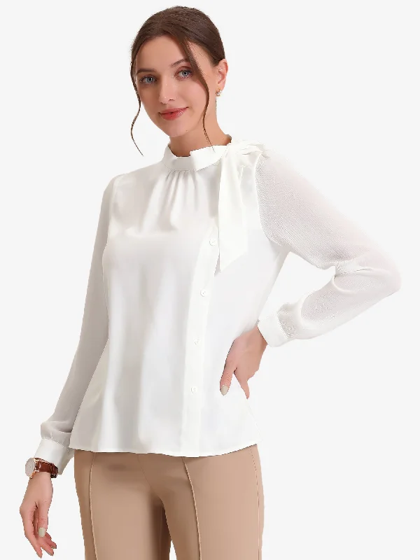 Unlock Huge Savings Now!Bow Tie Neck Blouse Work Office Side Buttons Chiffon Elegant Tops