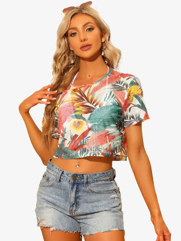 Your Favorite Sale is Back!Hawaiian Sheer Short Sleeve Leaves Print Tropical Crop Top