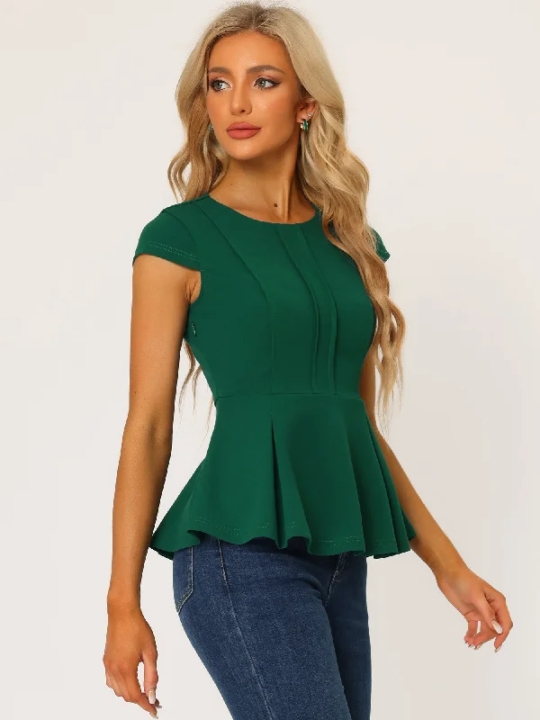 Your Wallet Will Thank You!Elegant Round Neck Solid Color Cap Sleeve Peplum Blouse