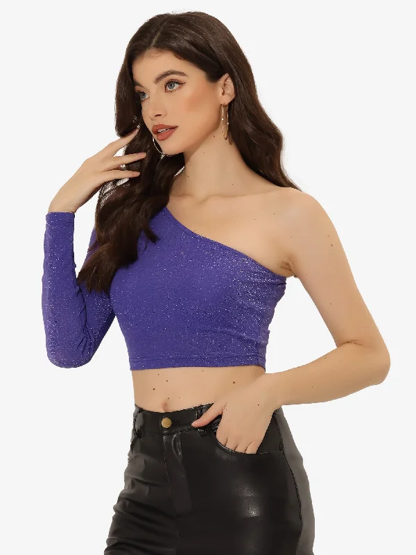 Time to Snag a Bargain!Glitter Crop Top Metallic Club Slim Fitted One Shoulder T-Shirt