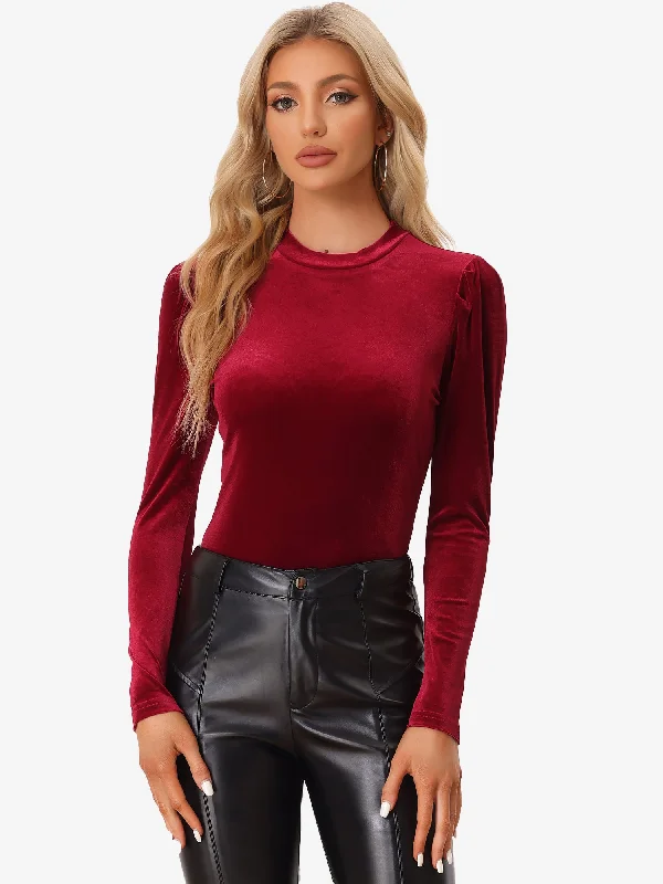Savings You Can’t Ignore!Metallic Velvet Puff Long Sleeve Mock Neck Glitter T-shirt