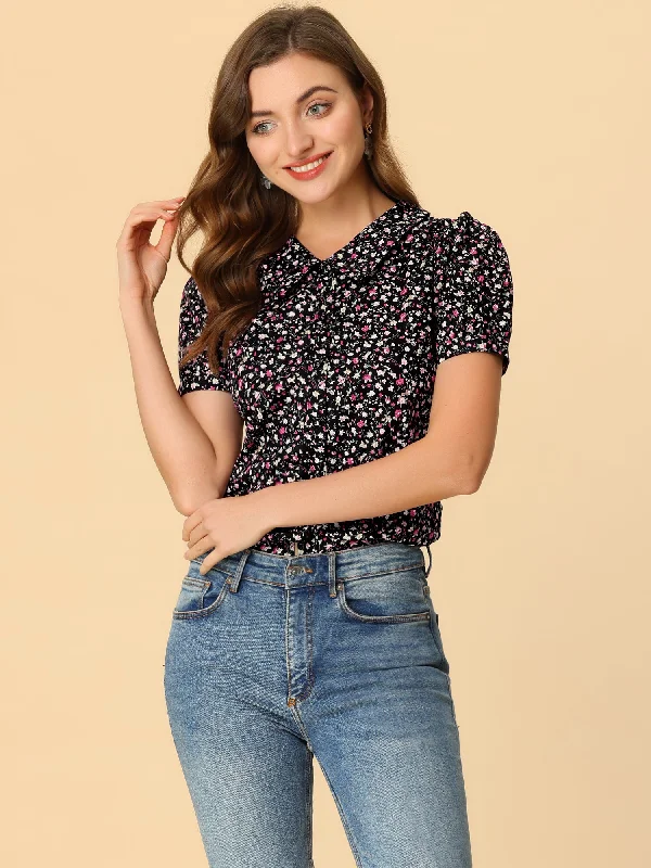 Instant Savings Await!Puff Sleeve Shirt Point Collar Top Button Down Floral Blouse