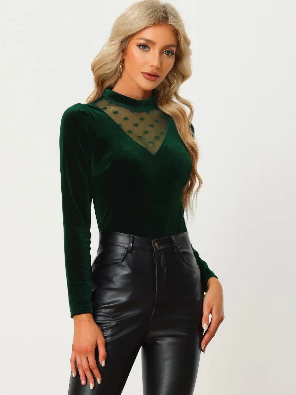 Don’t Wait – Deals Won’t Last!Casual Velvet Long Sleeve Choker Neck Heart Dots Mesh Panel Top
