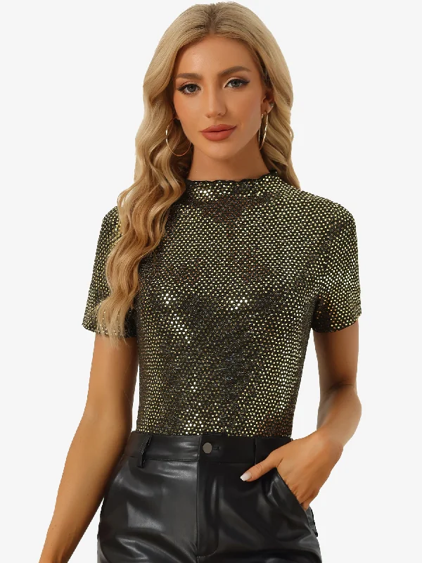 Exclusive Savings This Week!Sequin Top Short Sleeve Mock Neck Sparkly Party Blouse