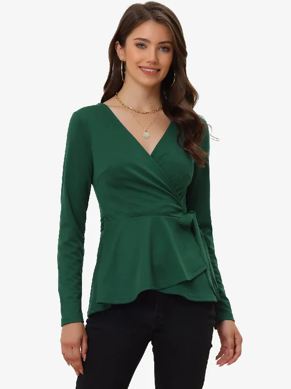 Don’t Wait – Shop Today!Casual Wrap Peplum V Neck Long Sleeve Tie Waist Knit Blouse