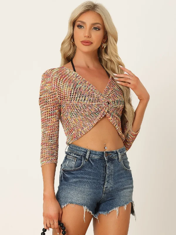 Save Like Never Before!V Neck Twist Front Tops Long Sleeve Hollow Out Sweater Knit Crop Top