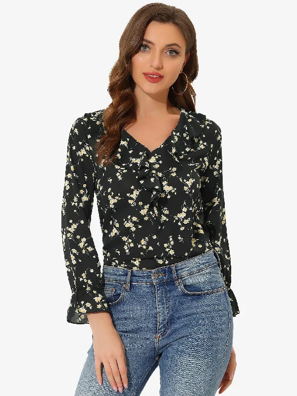 Your Discount is Waiting!Peasant Chiffon Floral Ruffle Neck Office Long Sleeve Blouse