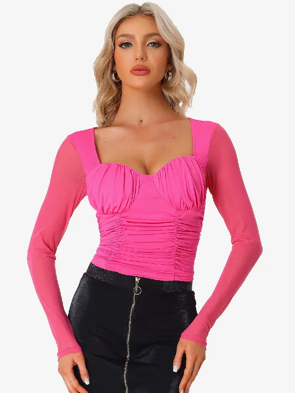 Act Fast – Limited Time Savings!Long Sleeve Mesh Sweetheart Neck Padded Bust Ruched Blouse