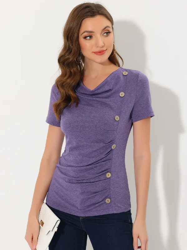 Limited Deals, Unlimited Savings!Cowl Neck Short Sleeve Casual Basic Solid Knitted Buttons Decor Ruched Top