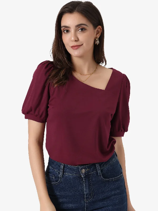 Huge Savings – Act Now!Casual Puff Short Sleeve Asymmetrical V Neck Loose Fit Blouse