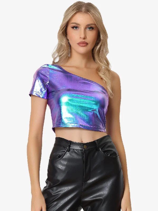 The Best Sale of the Year!One Shoulder Shinny Holographic Clubwear Party Metallic Crop Top