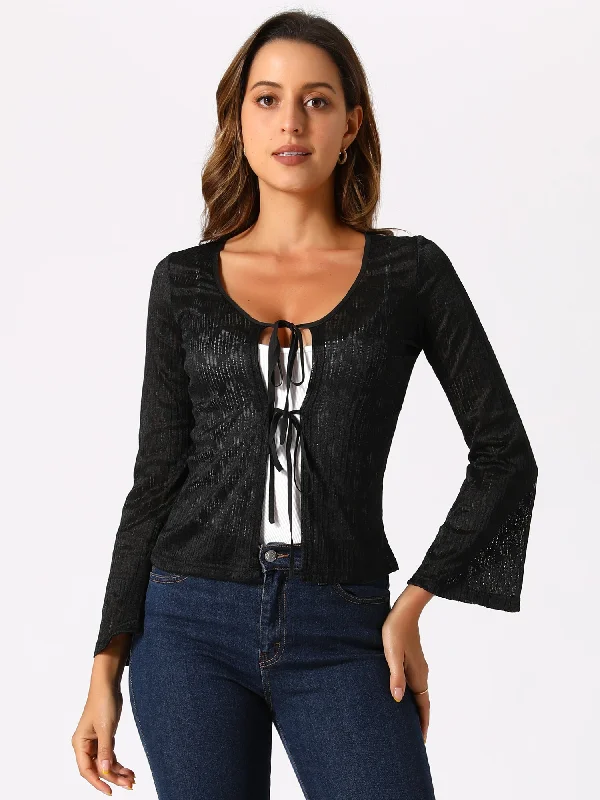 Shop More, Spend Less!Lace Tie Front Bell Long Sleeve Bolero Cover Up