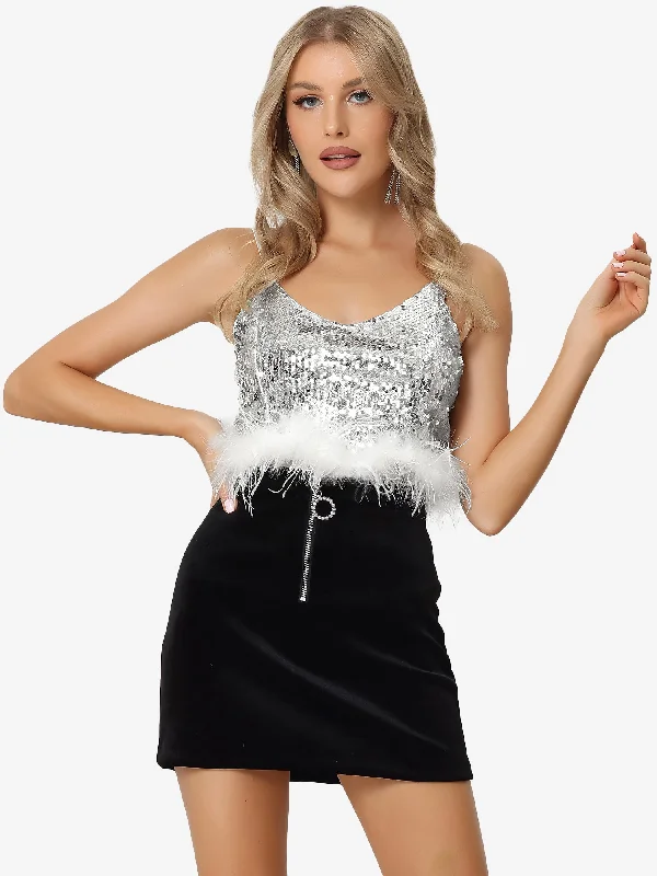 Best Price of the Season!Metallic Sequin Cropped Sparkle Glitter V Neck Sleeveless Party Club Tops