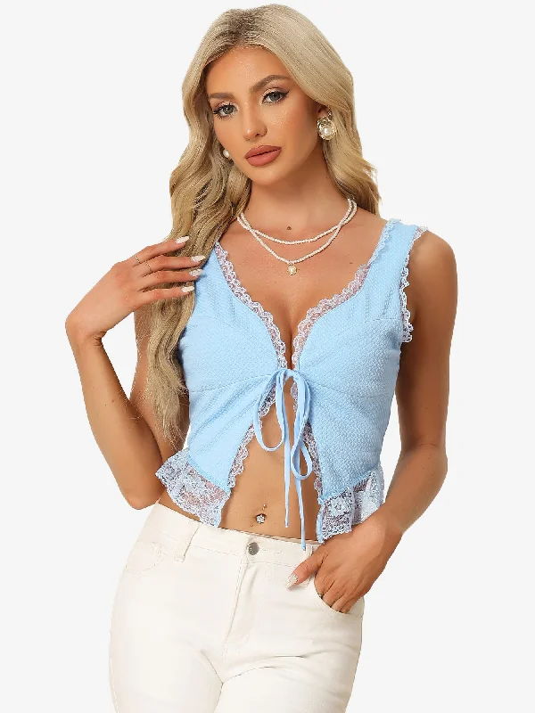 Enjoy Huge Discounts Now!Tie Front Sleeveless Shrug V Neck Lace Trim Cami Crop Top