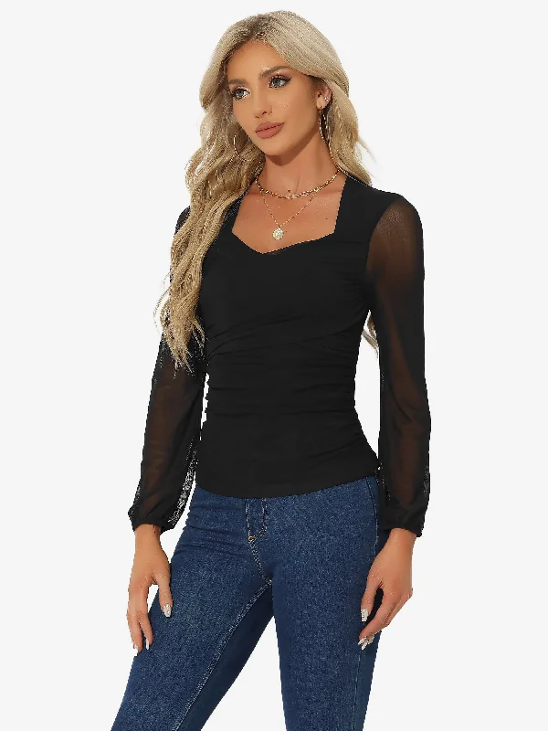 Flash Deals – Act Quickly!Ruched Mesh V Neck Long Sleeve Slim Fit Dressy Casual Blouse