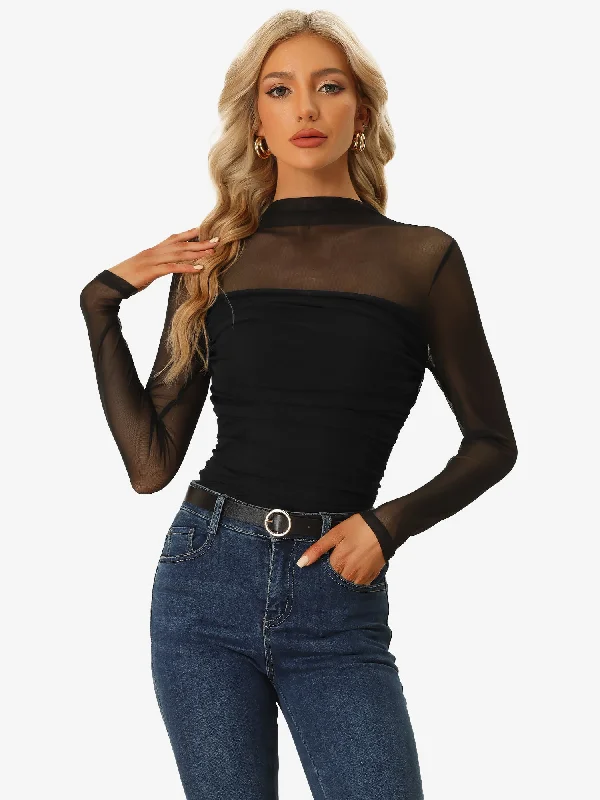 Shop Smart, Save Big!Mesh Solid Long Sleeve Mock Neck Sheer Panel Side Shirring Top
