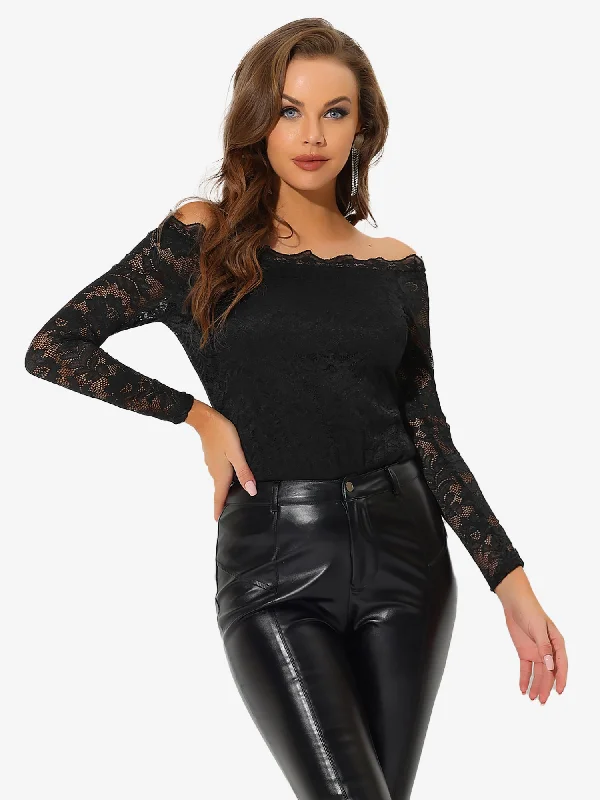 Sale Alert – Get Ready to Shop!Off Shoulder Floral Lace Top Sheer Long Sleeves Casual Blouse
