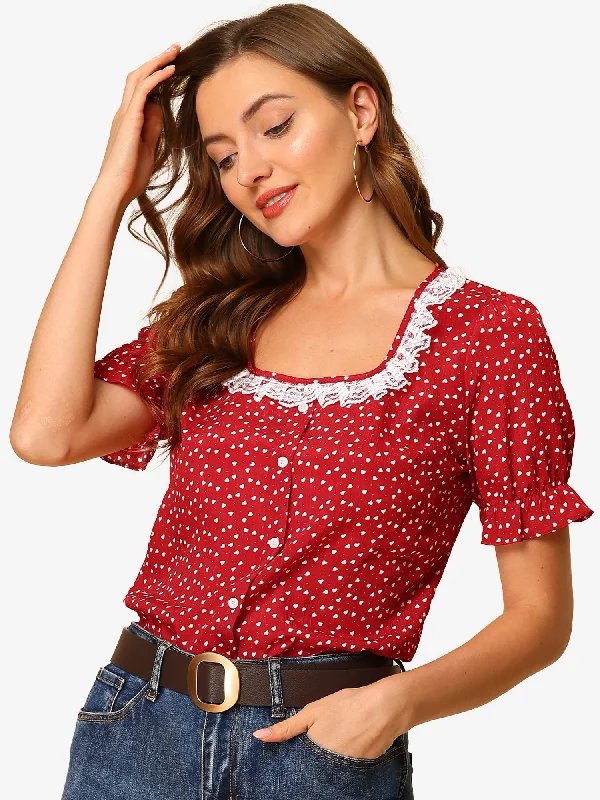 Amazing Prices You Can’t Resist!Square Neck Ruffle Short Sleeve Love Heart Printed Blouse