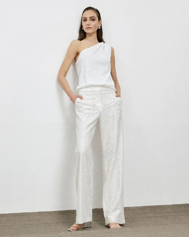 Massive Price Cuts!Access Off White Sequin Trouser With Lace Detailing
